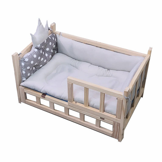 ALEjon Luxury Wooden Dog Bed with Grey Soft Mat and Fence - Winter Pet Bed for Dogs of, Elevated Orthopedic Detachable Dog House, Multicolored, 75 x 50 cm.